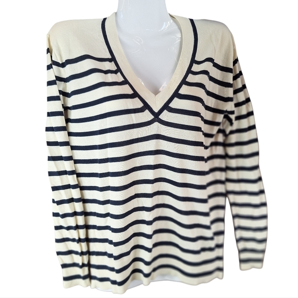 J. Crew Womens Striped VNeck Sweater Summerweight Cotton XSmall Cream/Blue Color - Picture 4 of 12